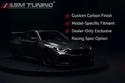 Bmw Performance Car On A Platform Showcasing Custom Carbon Finish, Model-Specific Fitment, Dealer-Only Exclusives, And Racing Spec Options