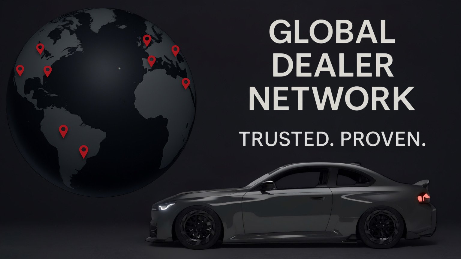 ASM Tuning global dealer network illustrated with world map, and performance car