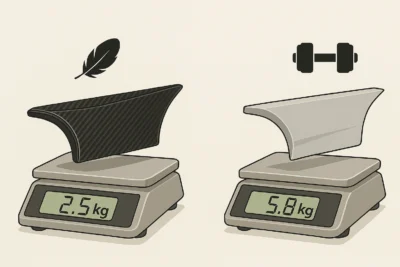 What Makes A Good Aero Kit? 7 Key Factors Digital Illustration Comparing A Lightweight Carbon Fiber Part And A Heavier Stock Part Placed On Separate Scales Showing Performance Weight Difference