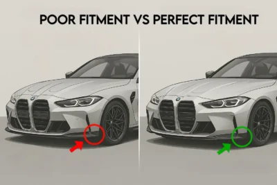 What Makes A Good Aero Kit? 7 Key Factors Side-By-Side Comparison Of Bmw Front Splitter Showing Poor Fitment With Gaps Versus Perfect 0Em-Style Fitment With Seamless Alignment