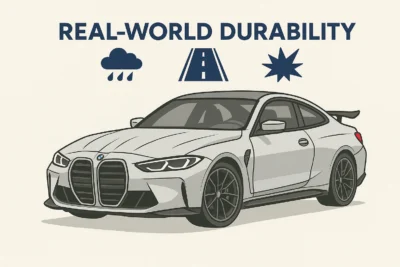 What Makes A Good Aero Kit? 7 Key Factors Illustration Of A Bmw Driving Over A Rough Road With A Durable Carbon Fiber Diffuser Handling Daily Conditions Without Damage