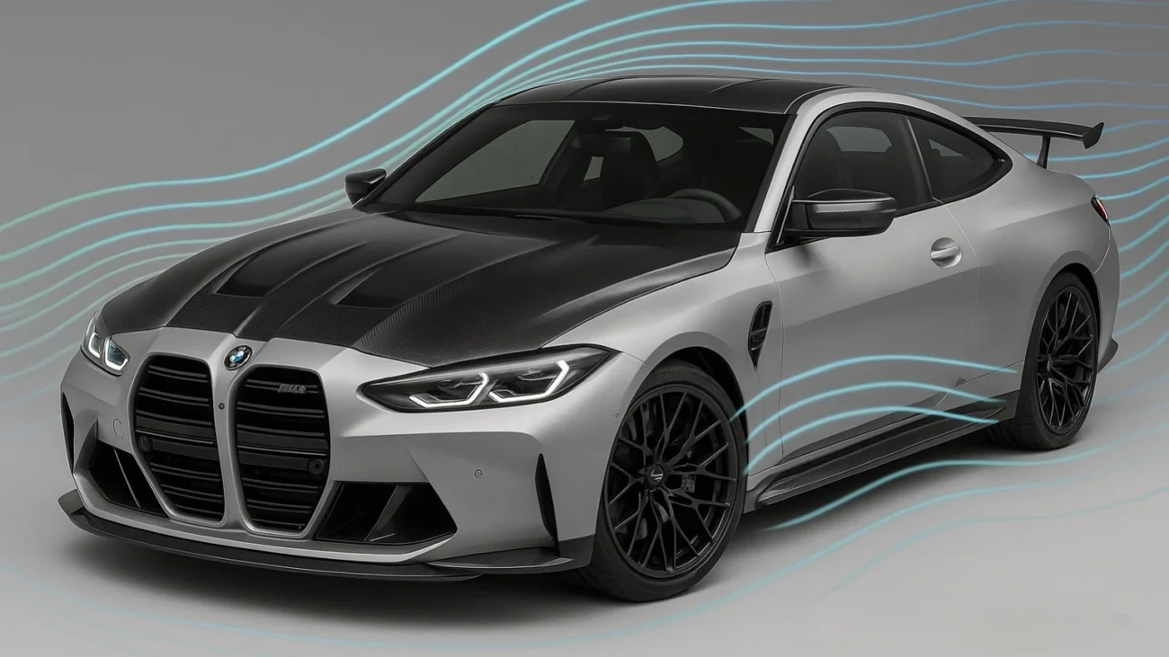 BMW with carbon fiber hood, side skirts, and spoiler demonstrating aerodynamic performance upgrades