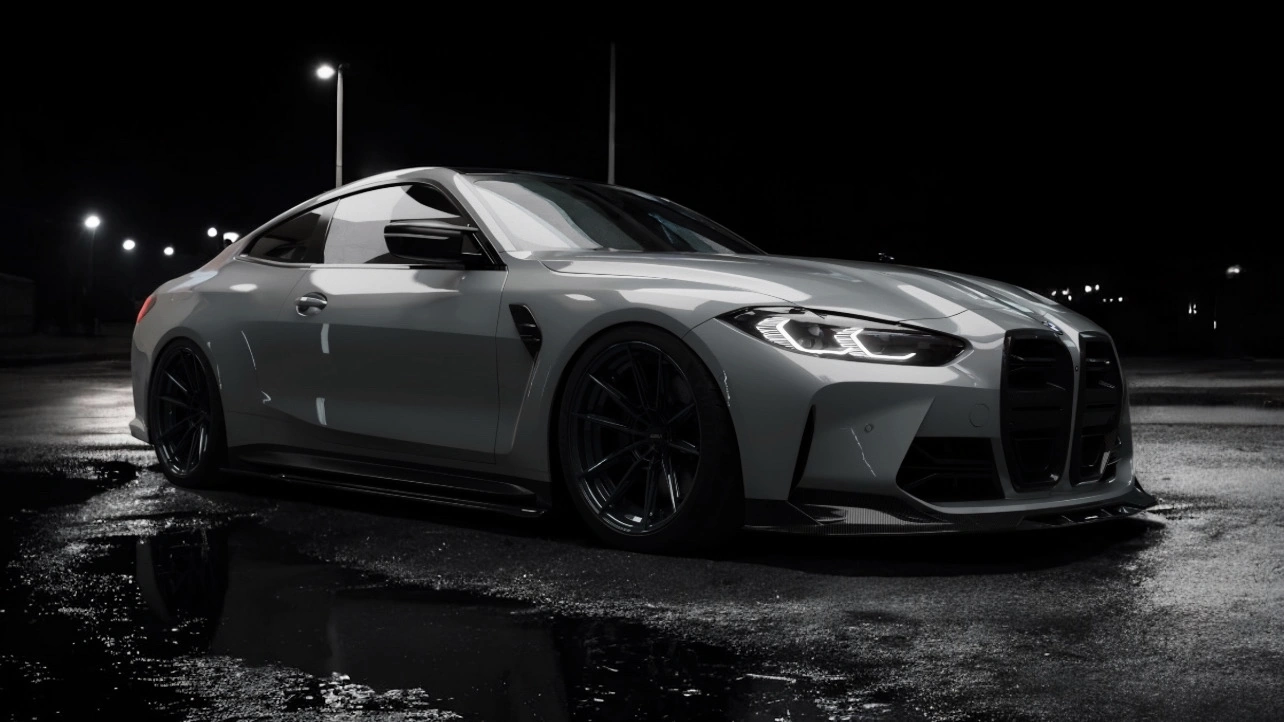 BMW M4 G82 tuned with carbon parts parked at night – blog cover for best tuning upgrades that keep your warranty safe