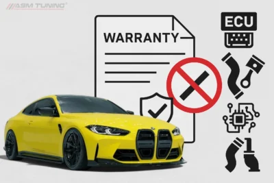 Bmw M4 G82 With Warranty Infographic Showing Safe And Risky Car Tuning Modifications Including Ecu Remap, Downpipe, And Electronics