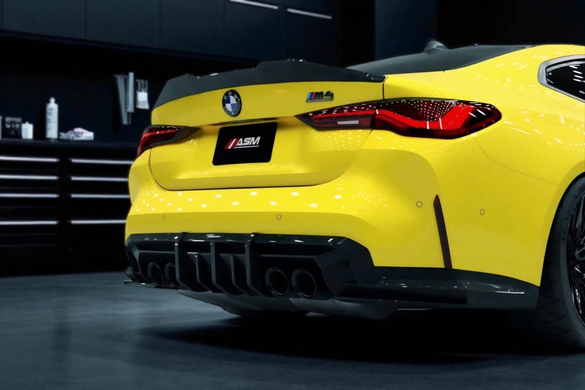 Carbon fibre rear diffuser design for 2025 showing aggressive aero fins and downforce benefits – ASM Tuning aerodynamic upgrade