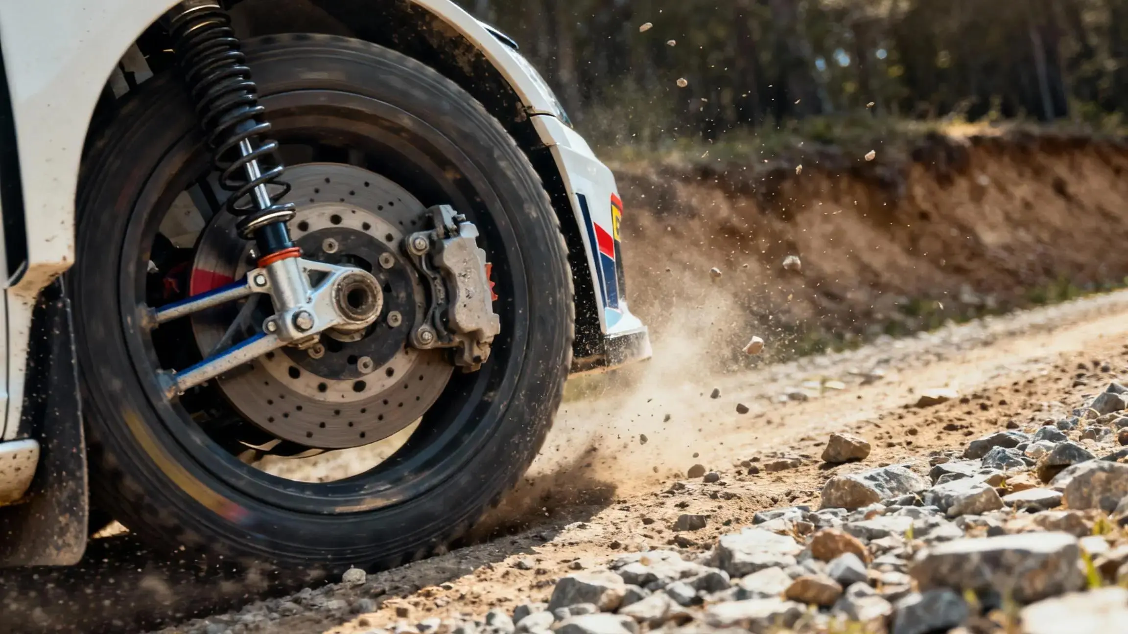 Close-up of rally racing suspension setup with coilovers and control arms on gravel car