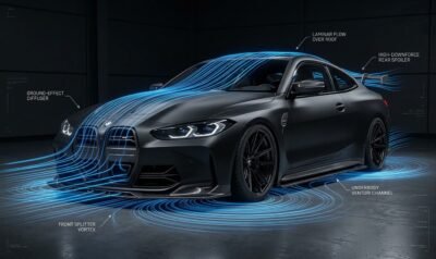 Aerodynamic Airflow Around Carbon Fibre Aero Parts Performance Car