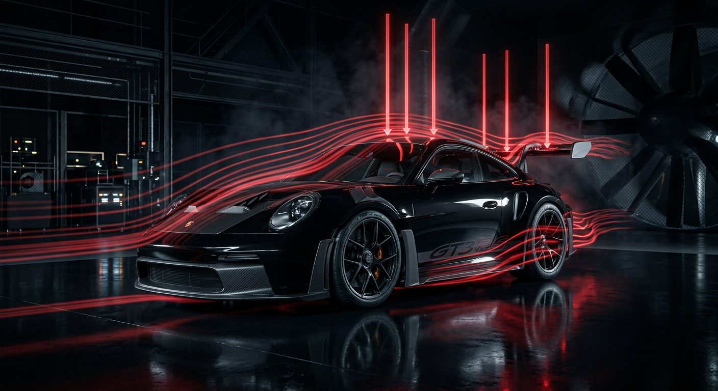 Performance Car Demonstrating Aerodynamic Downforce With Carbon Fibre Aero Parts In A Wind Tunnel