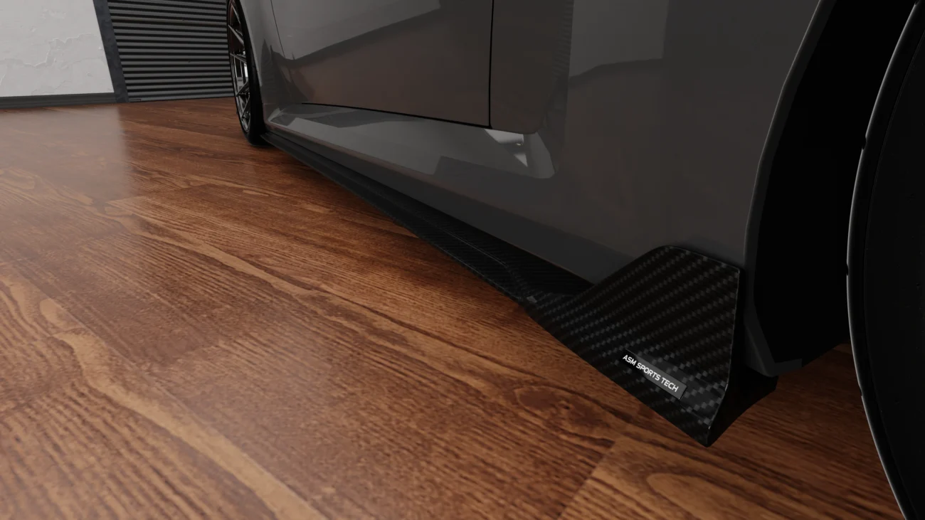 BMW G87 M2 dry carbon fibre side skirts by ASM Sports Tech showing OEM+ lower side profile integration