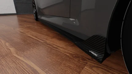 BMW G87 M2 dry carbon fibre side skirts by ASM Sports Tech showing OEM+ lower side profile integration