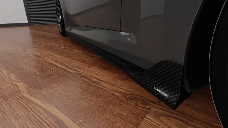 BMW G87 M2 dry carbon fibre side skirts by ASM Sports Tech showing OEM+ lower side profile integration