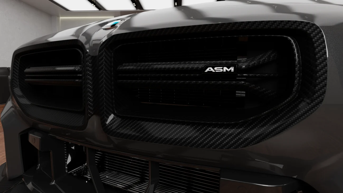 BMW G87 M2 dry pre-preg carbon fibre front grille by ASM Sports Tech showing OEM+ front-end integration