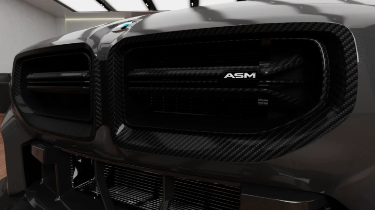 BMW G87 M2 dry pre-preg carbon fibre front grille by ASM Sports Tech showing OEM+ front-end integration