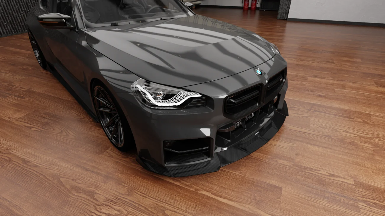 BMW G87 M2 dry carbon fibre front splitter by ASM Sports Tech showing OEM+ lower front bumper integration