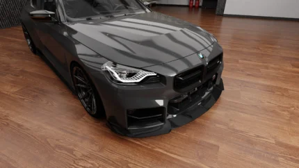 BMW G87 M2 dry carbon fibre front splitter by ASM Sports Tech showing OEM+ lower front bumper integration