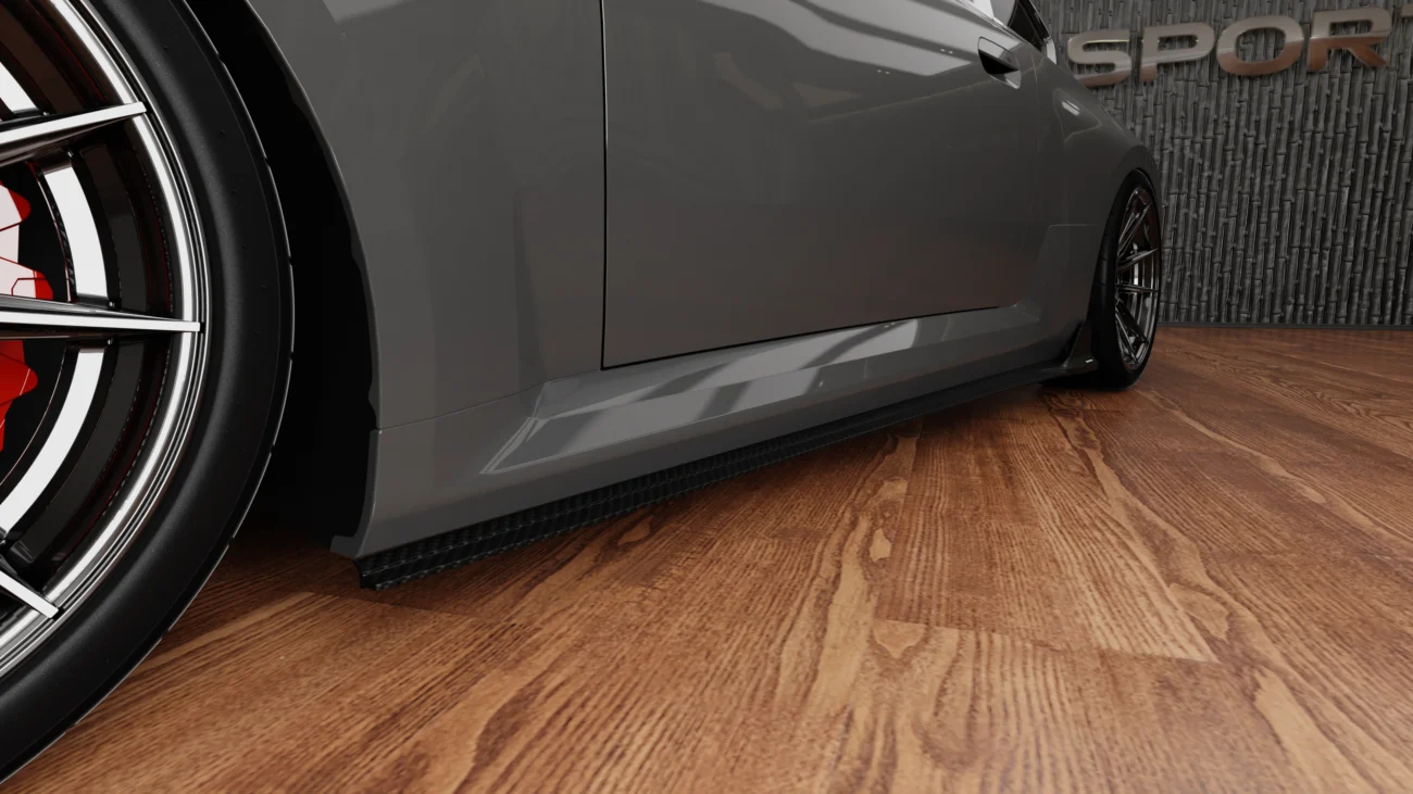 BMW G87 M2 carbon fibre side skirts shown from side profile with lower body aero extension and ASM Sports Tech fitment