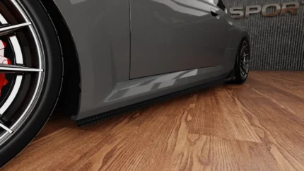 BMW G87 M2 carbon fibre side skirts shown from side profile with lower body aero extension and ASM Sports Tech fitment
