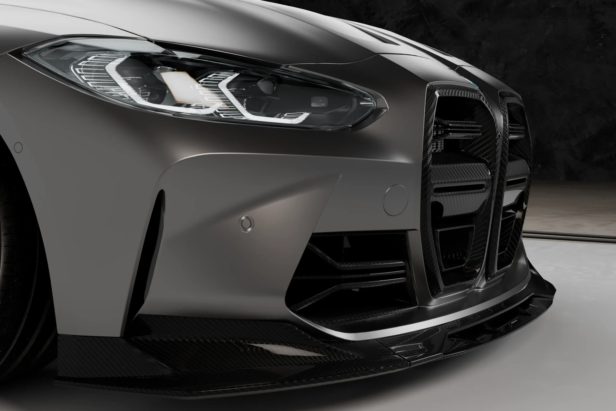 Asm Sports Tech Carbon Fibre Front Grille Fitted To A Bmw M Car In A Dark Studio, Front Three-Quarter View