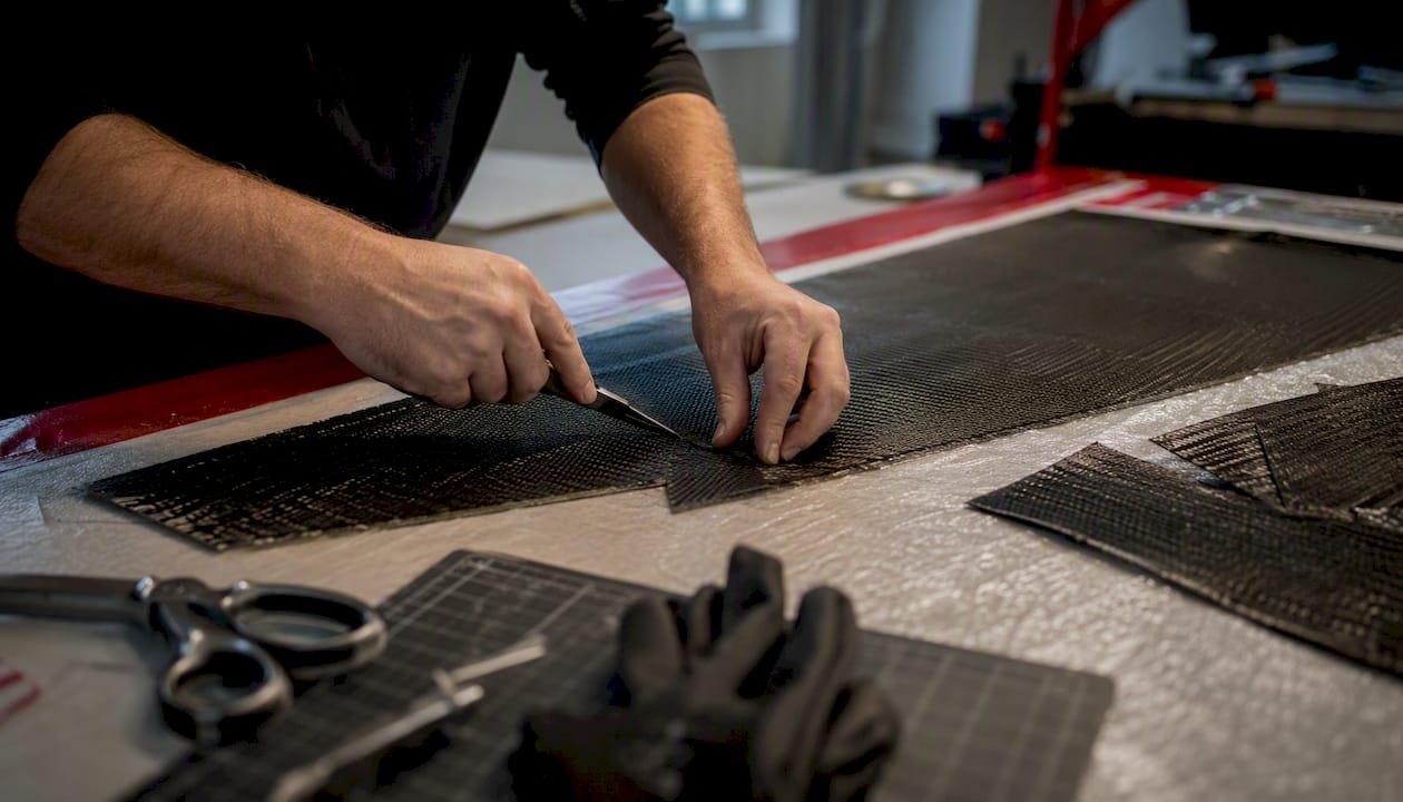 Technician Cutting And Orienting Carbon Fiber Prepreg Plies
