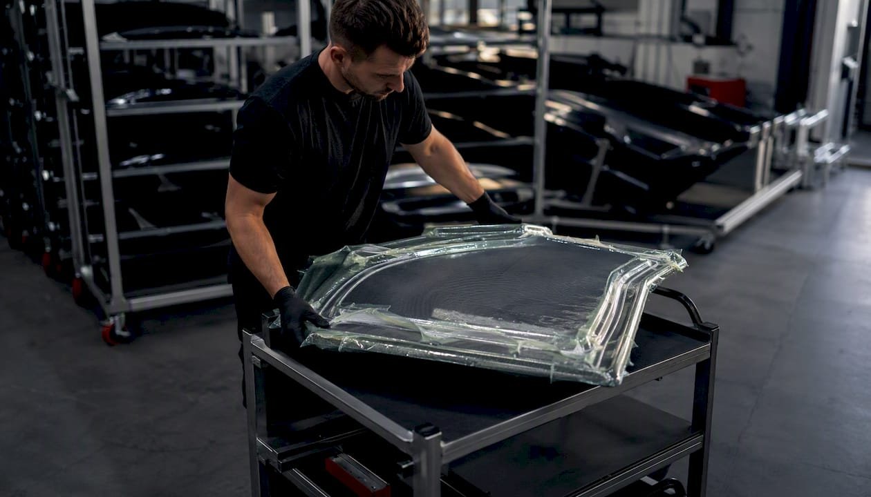 Technician Loading Vacuum-Bagged Carbon Fiber Into Autoclave