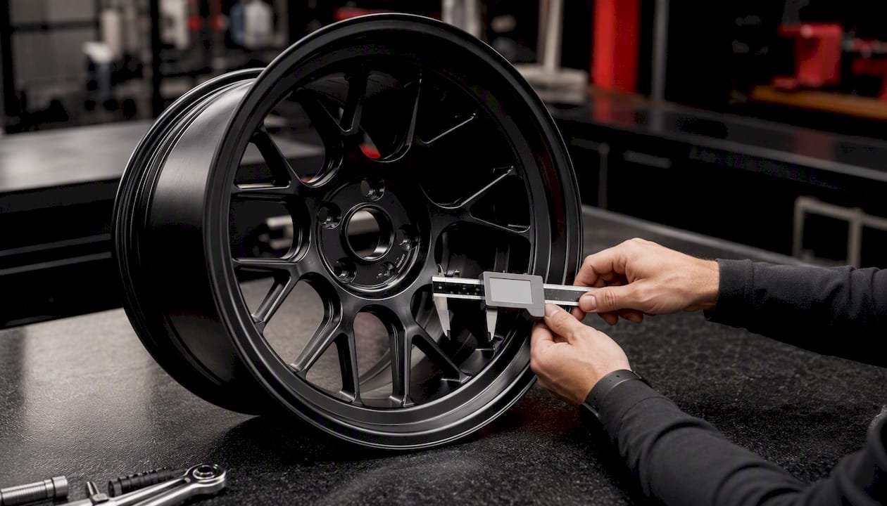 Caliper Measuring Wheel Offset On Workshop Table