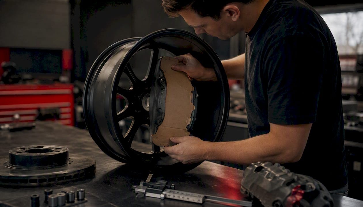 Technician Verifying Brake Caliper Clearance Inside Wheel