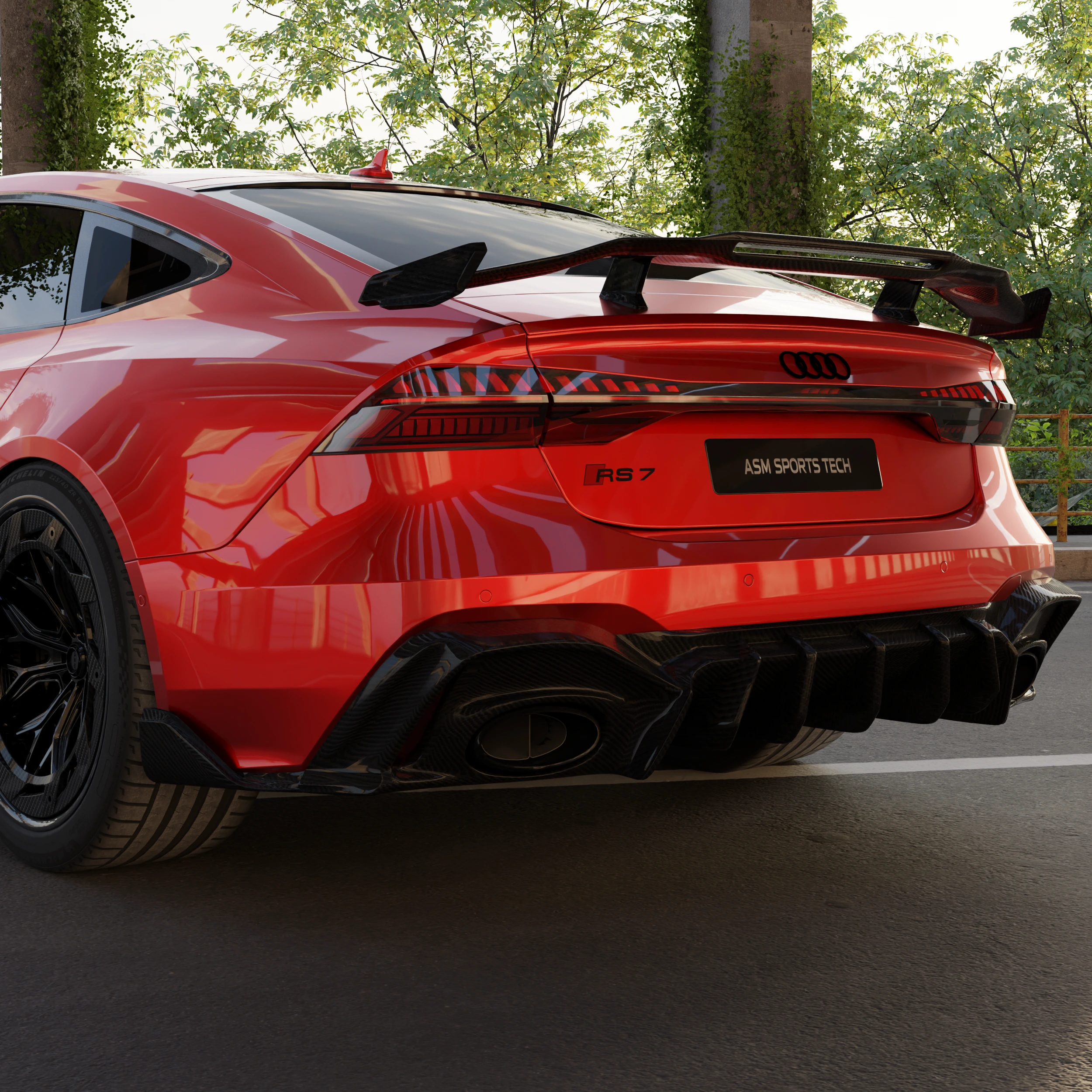 Rear View Of The Audi Rs7 C8 With Asm Pre-Preg Carbon Rear Diffuser And Rear Wing